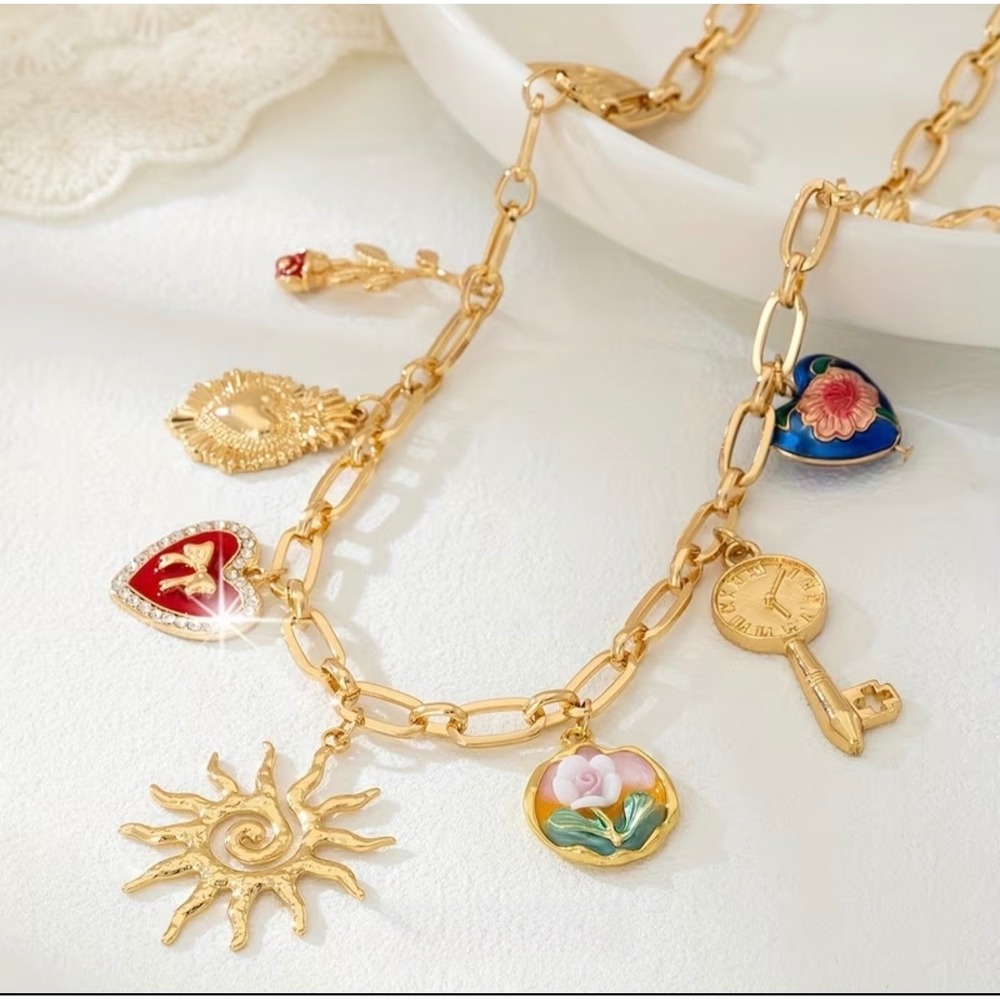 Gold Tone Multi Charm Necklace Sun Heart Rose Key Enamel Paperclip Chain NWOT